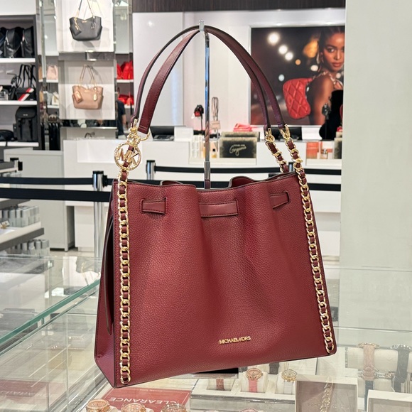 Michael Kors Mina Large Chain Shoulder Pebbled Leather Bag Dark Cherry - Picture 3 of 14